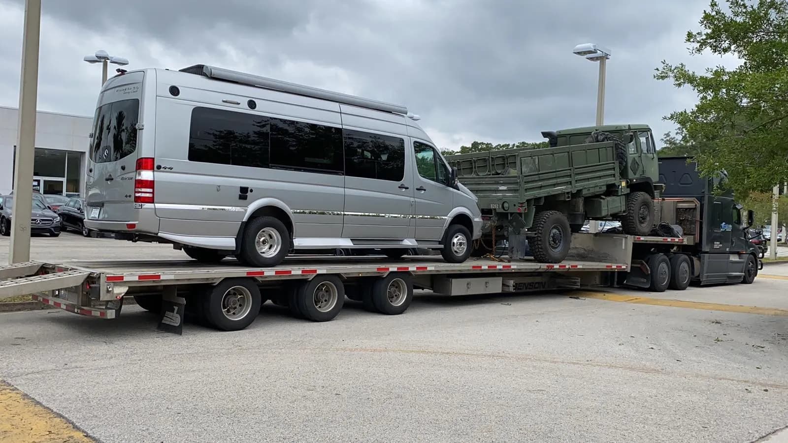 Mercedes Sprinter van RV transported on a trailer
